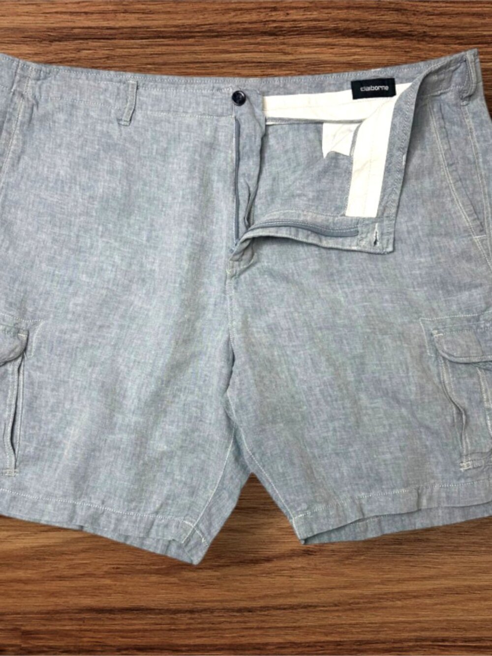 Share Claiborne Blue Linen Cotton Blend‎ Cargo Pocket Casual Shorts